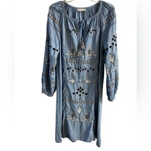 Zara TRF Denim Blue‎ denim midi dress embroidered tribal XS/S